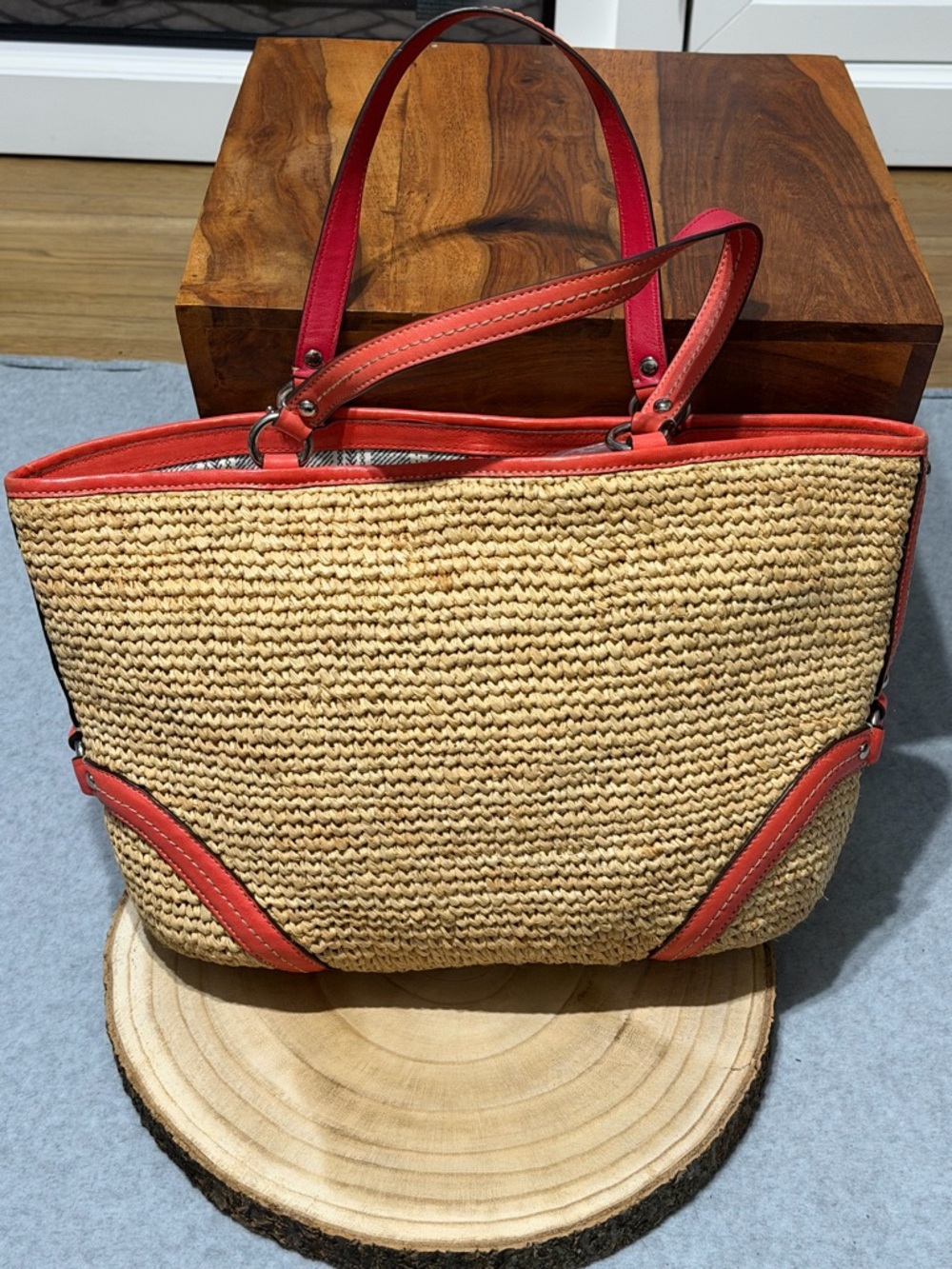 Coach Raffia Straw Tote Bag with Red & Orange Leather Trim Purse - Picture 6 of 15
